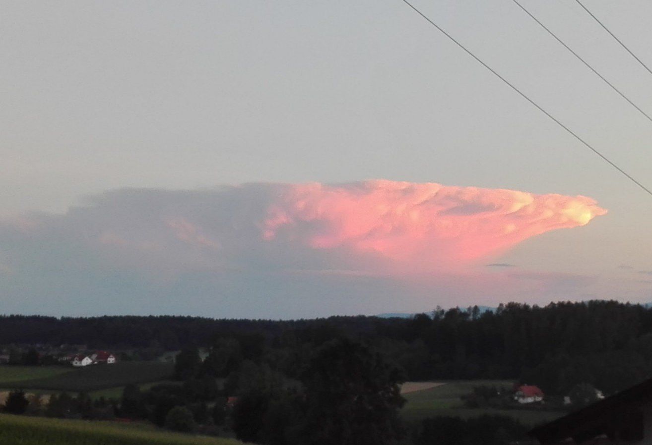 Eine ländliche Landschaft mit Bäumen, Häusern und einer großen Wolkenformation am Horizont bei Sonnenuntergang. Der Himmel ist pink, und es gibt Stromleitungen darüber.