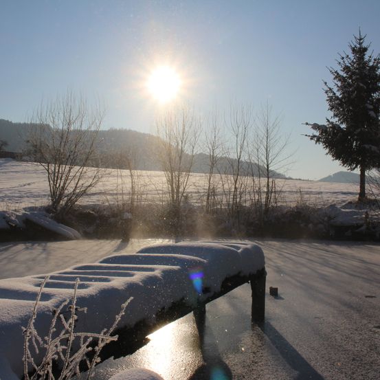 Eine verschneite Landschaft mit einer frostbedeckten Bank unter einem strahlenden Sonnenschein. Die Bank befindet sich auf einem zugefrorenen See. Bäume und Büsche, einige mit Schnee, umgeben das Gebiet. Berge in der Ferne.