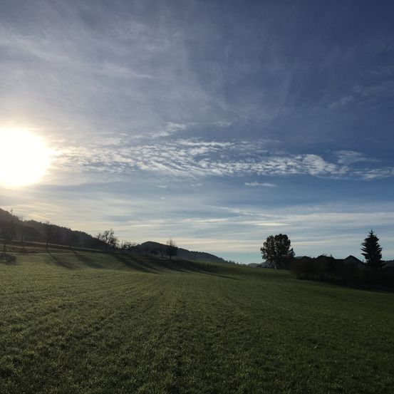 Eine friedliche Landschaft mit einer strahlenden Sonne, die eine weite grüne Wiese erhellt, Berge in der Ferne und einen klaren blauen Himmel.