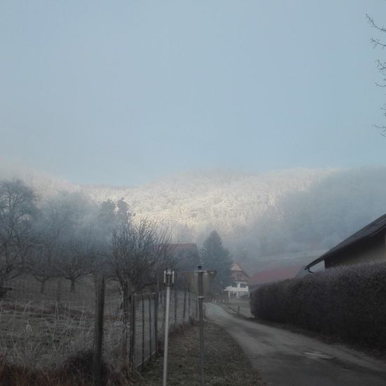 Eine ländliche Szene mit einer nebligen Landschaft, mit einem Weg, Zäunen, Bäumen und Häusern im Hintergrund. Der Himmel ist klar und blau.