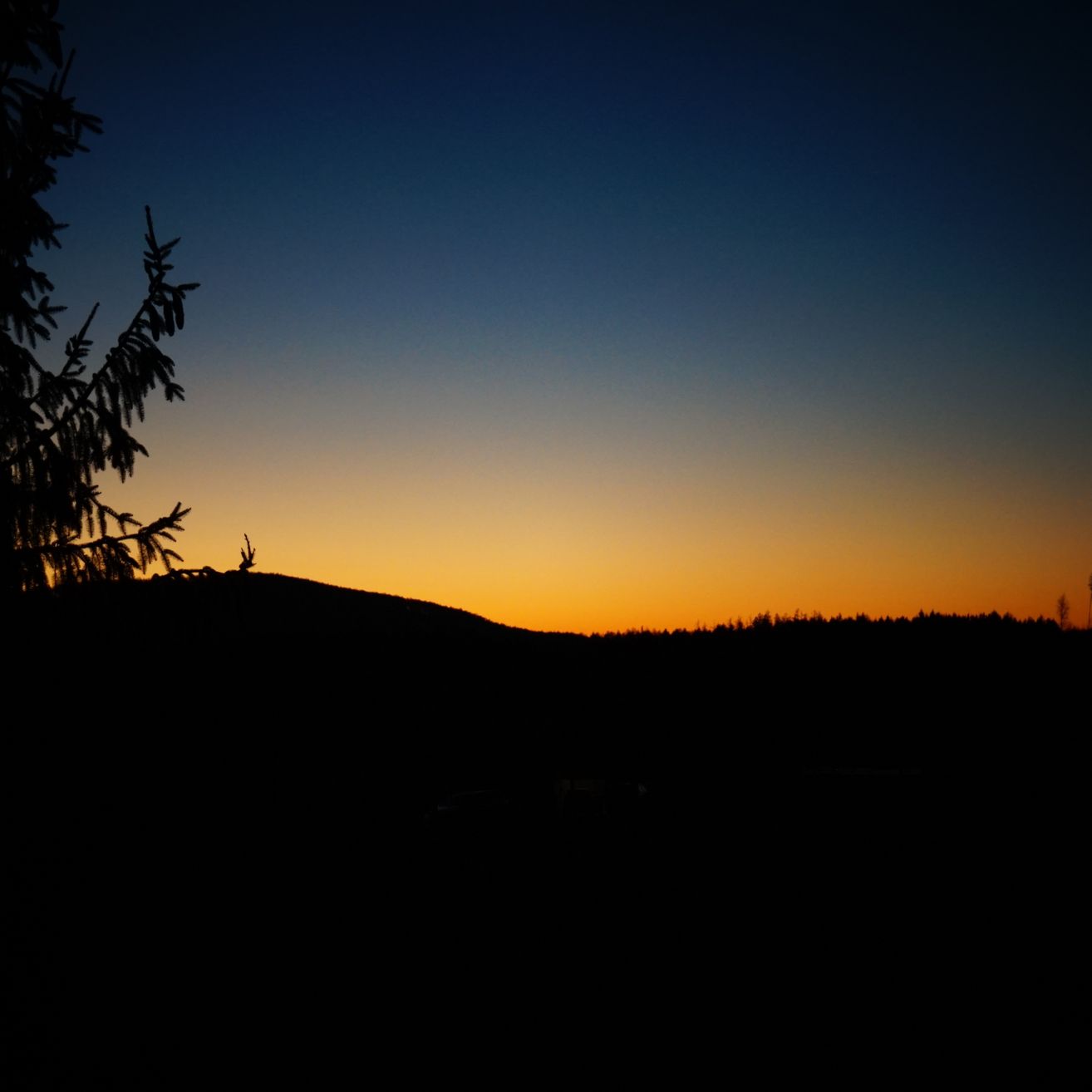 Silhouette eines Hügels mit einem Baumzweig im Vordergrund. Der Himmel ist ein Farbverlauf von Orange und Blau, während die Sonne untergeht.
