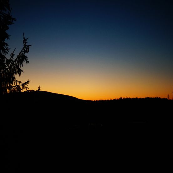 Silhouette eines Hügels mit einem Baumzweig im Vordergrund. Der Himmel ist ein Farbverlauf von Orange und Blau, während die Sonne untergeht.