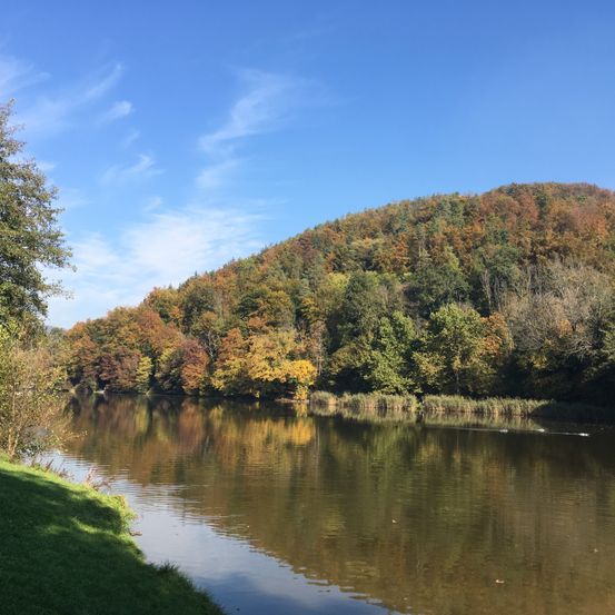 Ein ruhiger Fluss fließt unter einem blauen Himmel mit verstreuten Wolken. Bäume mit Herbstlaub säumen die Ufer, die sich im ruhigen Wasser spiegeln.