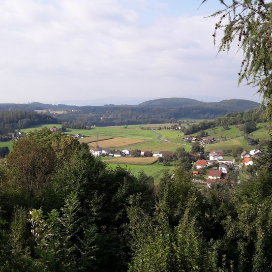 Ein landschaftlicher Blick auf eine ländliche Umgebung mit grünen Feldern, Häusern und Bäumen unter einem bewölkten Himmel. Die Hügel im Hintergrund sind üppig bewachsen.