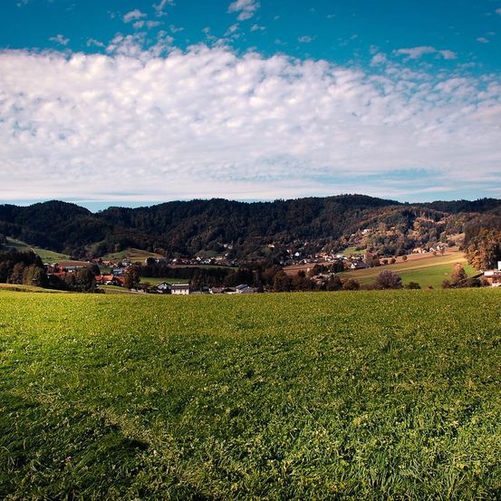 Ein Panoramablick auf ein weites grünes Feld unter einem blauen Himmel mit verstreuten Wolken. In der Ferne liegt ein kleines Dorf eingebettet in üppige Grünflächen und sanfte Hügel.