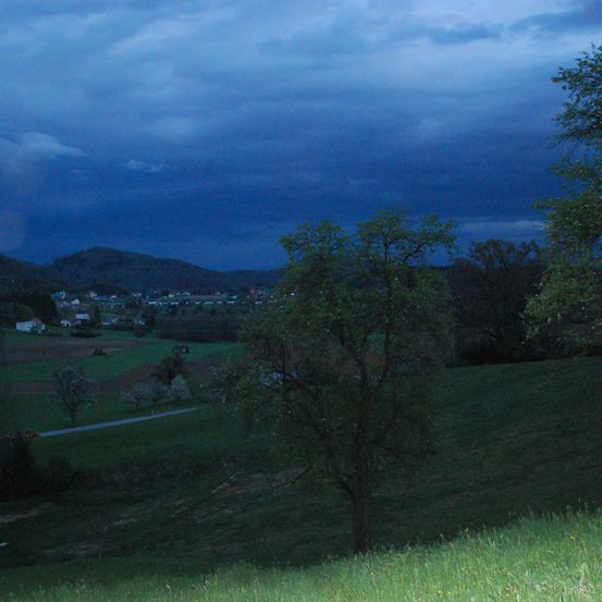 Eine ländliche Landschaft unter einem stürmischen Himmel mit einem Hügel im Hintergrund, einem Baum im Vordergrund und Häusern in der Ferne.