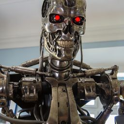 Ein Nahaufnahme eines metallischen Terminator-Roboters mit leuchtend roten Augen und einem mechanischen Gesicht.