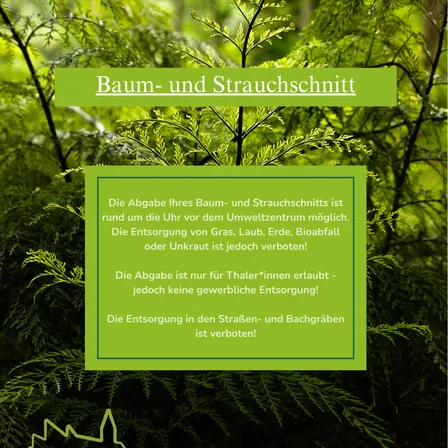 Eine Werbung für die Entsorgung von Bäumen und Sträuchern rund um das Umweltzentrum, mit Text auf Deutsch.