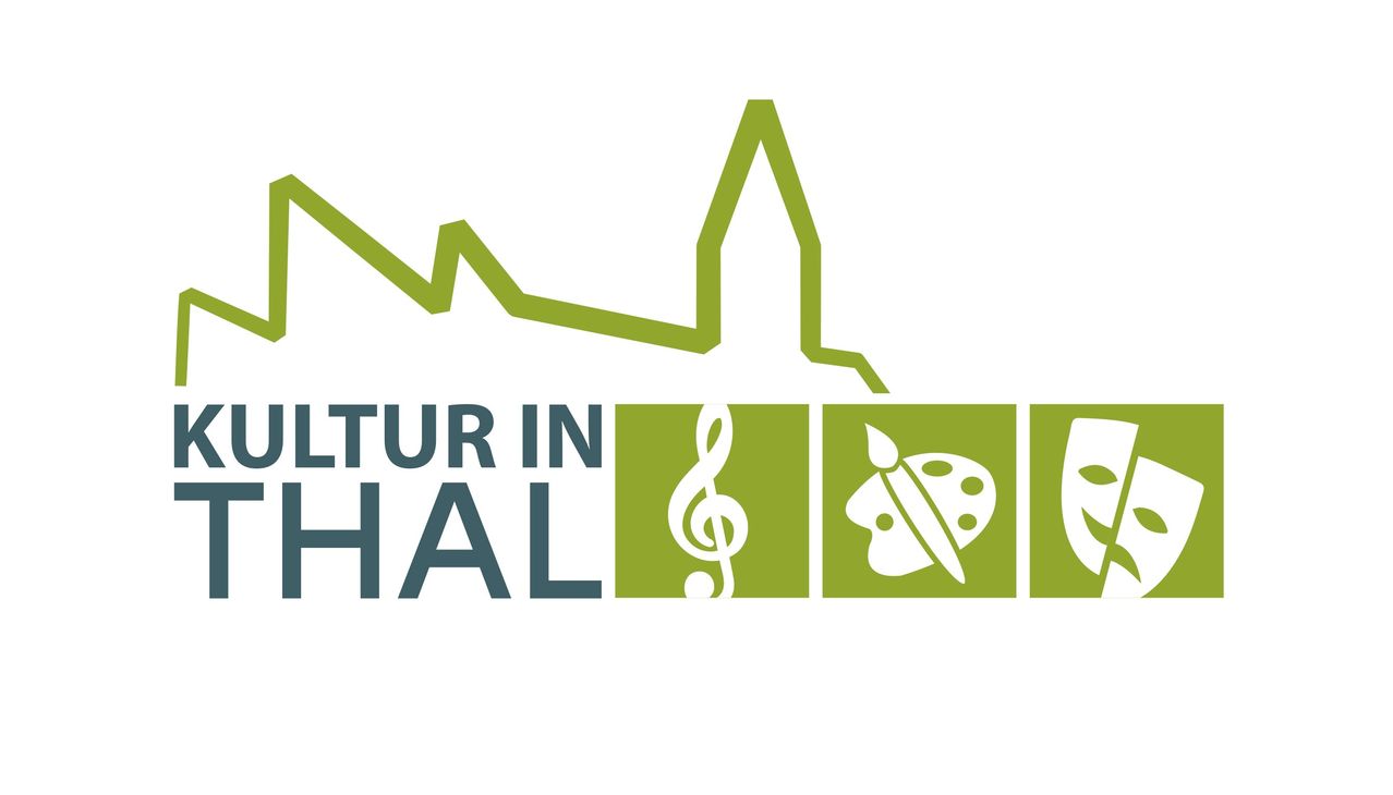 Das Logo zeigt 'Kultur in Hal' mit einem Violinschlüssel, einer Farbpalette und einer Maskenikone, jeweils in grünen Quadraten.