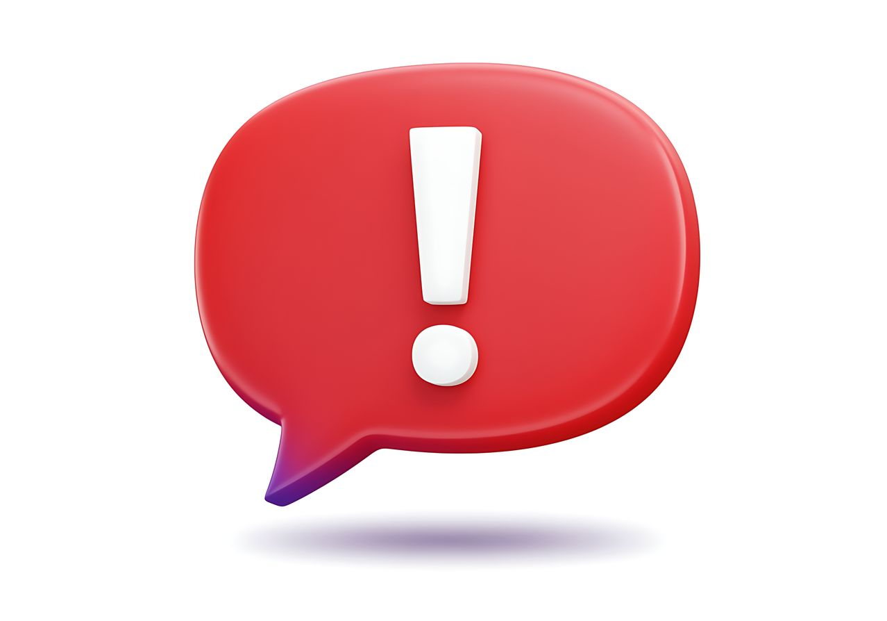 Ein roter Ausrufepunkt in einer Sprechblase. Die Sprechblase ist auf weißem Hintergrund.