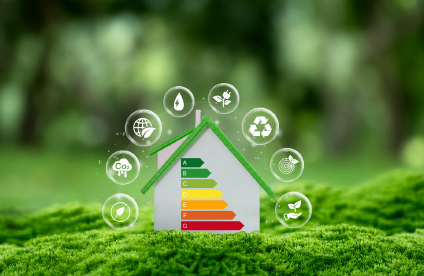 Ein Haus mit grünem Dach und Energieeffizienz-Symbolen, umgeben von Ikonen der Nachhaltigkeit. Grüner Rasen und Bäume im Hintergrund.