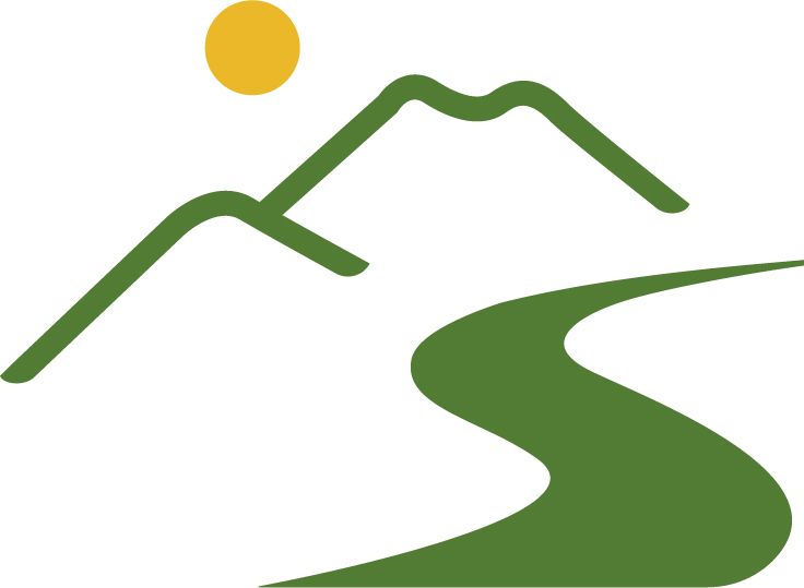 Eine stilisierte Darstellung einer Bergkette mit einer Sonne darüber und einer sich windenden Straße, die in die Ferne führt.