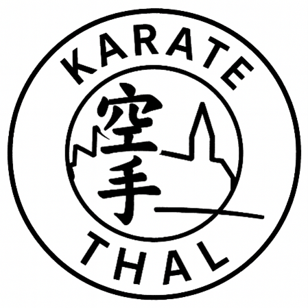 Ein kreisförmiges Logo für Karate Thal mit chinesischen Schriftzeichen im Inneren und einem Bergrücken im Hintergrund.