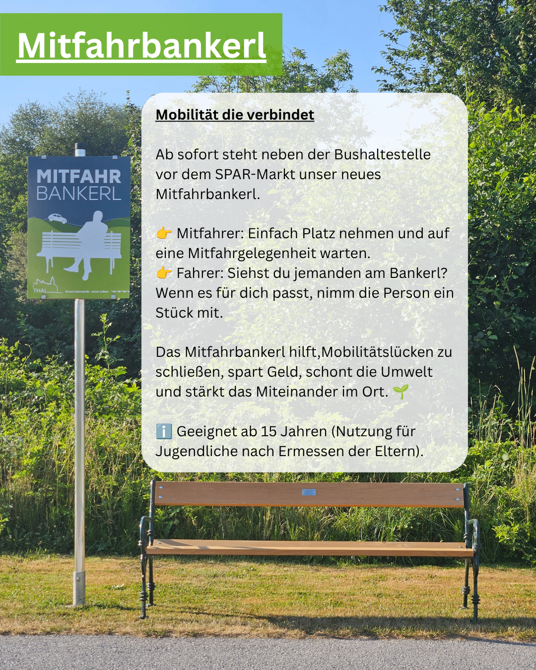 A bench with a sign for a car sharing service stands next to a bush. The sign reads 'Mitfahrbankerl' and explains how to use it.