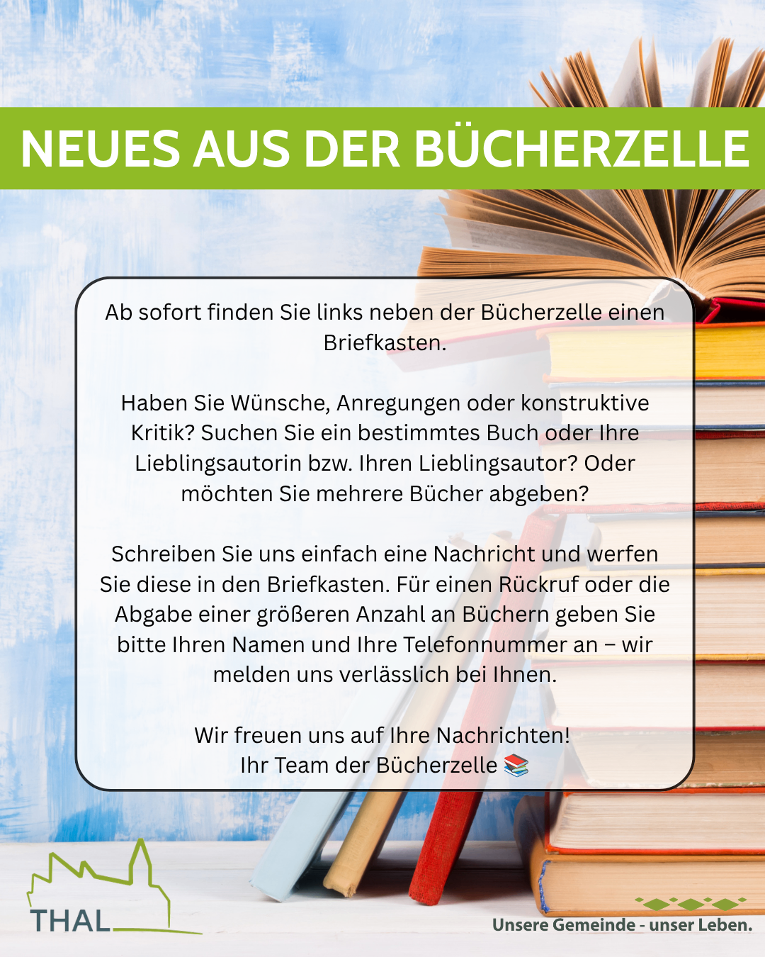 An advertisement for a bookstore with a stack of books in the background. It invites readers to send messages, requests, or constructive criticism to a provided mailbox. It also offers to return books or provide information about specific books or authors. The ad concludes with a friendly message from the bookstore team.
