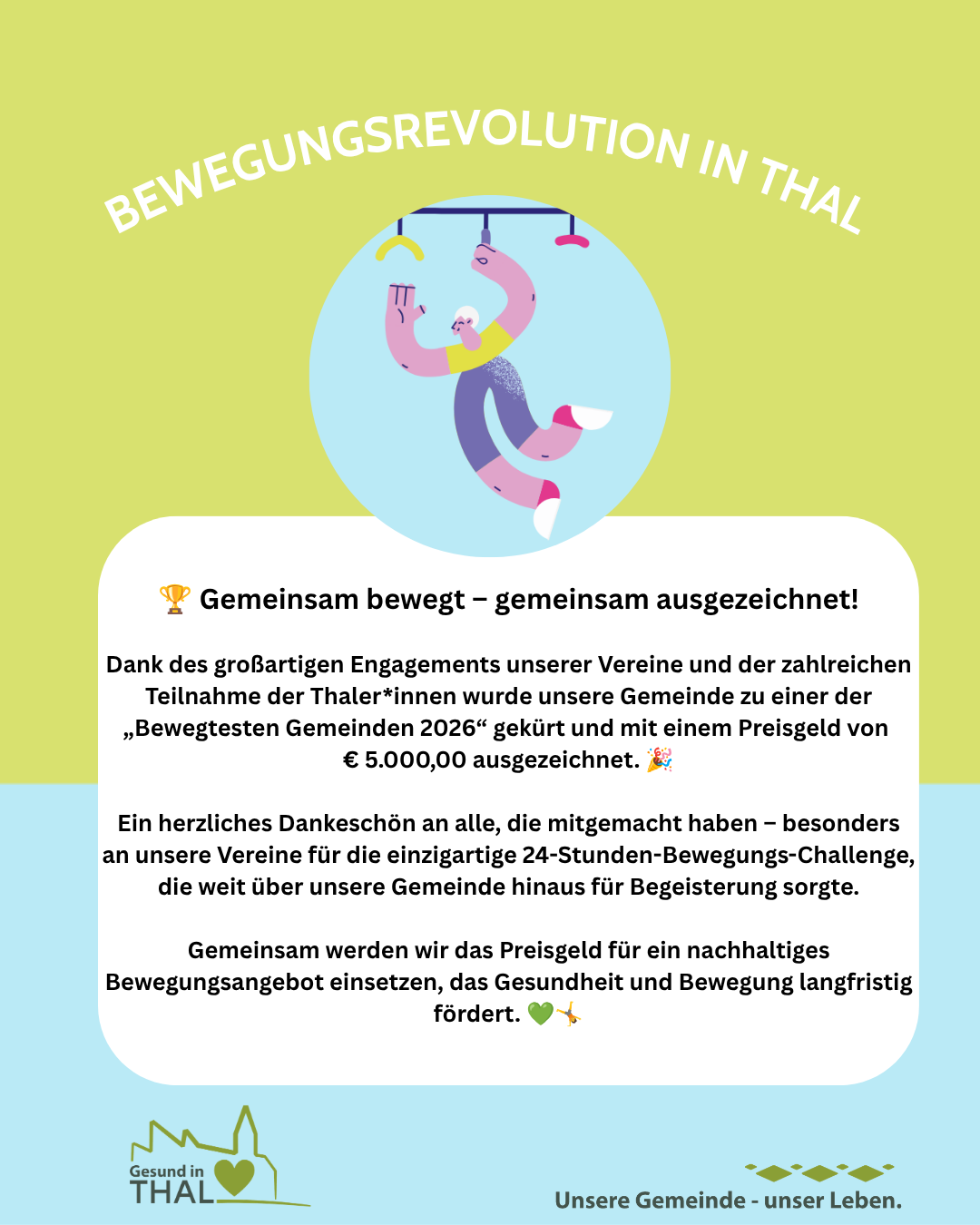 An illustration of a person swinging on a swing with the text 'Movement Revolution in Thal' above. Below, a text reads 'Together we move - together we are awarded!' with a description of a prize awarded to the community.