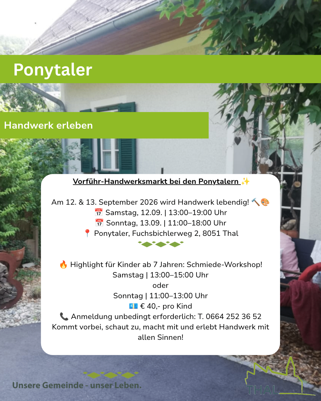Eine Werbung für einen Handwerksmarkt bei den Ponytalern am 12. und 13. September 2026. Es enthält einen Zeitplan, Ort und hebt einen Schmiede-Workshop für Kinder hervor.