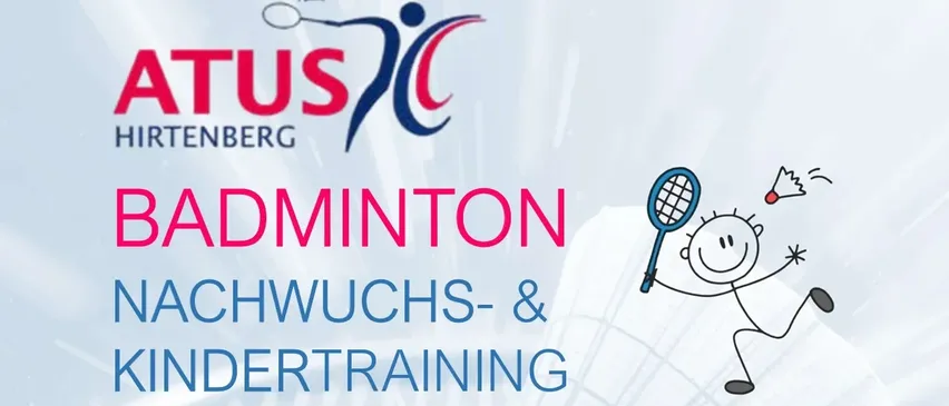Das Bild zeigt ein Logo für Berg Badminton mit den Worten 'DMINTON' und 'CHWUCHS- & ERTRAINING'. Es enthält einen Badmintonschläger und ein lächelndes Gesicht. Das Design ist hauptsächlich blau und weiß.