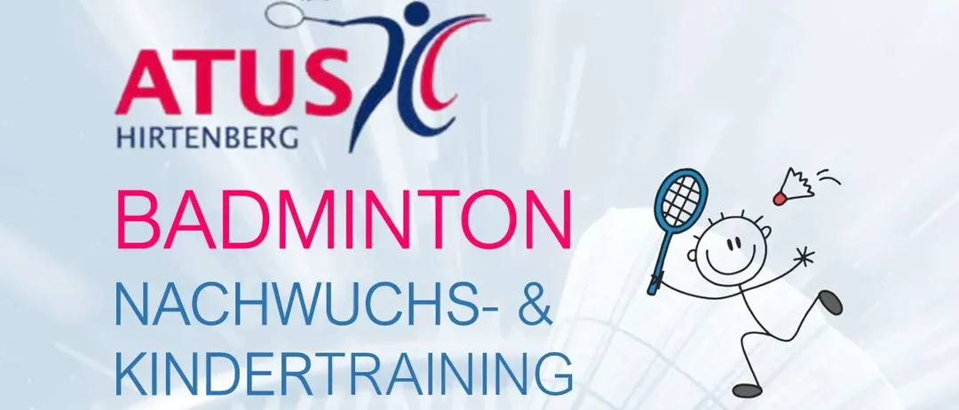 Das Bild zeigt ein Logo für Berg Badminton mit den Worten 'DMINTON' und 'CHWUCHS- & ERTRAINING'. Es enthält einen Badmintonschläger und ein lächelndes Gesicht. Das Design ist hauptsächlich blau und weiß.