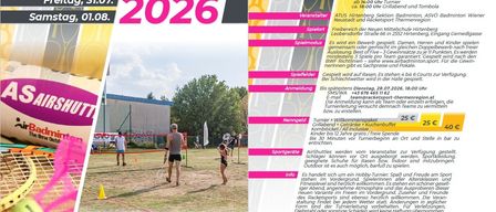 Badminton-Festivalposter mit den Terminen 31.07.2026 und 01.08.2026. Es enthält Programmdetails, Spielerinformationen, Spielplan und Anmeldeinformationen. Es enthält auch eine Liste der Sponsoren.