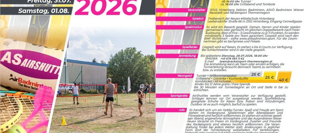Badminton-Festivalposter mit den Terminen 31.07.2026 und 01.08.2026. Es enthält Programmdetails, Spielerinformationen, Spielplan und Anmeldeinformationen. Es enthält auch eine Liste der Sponsoren.