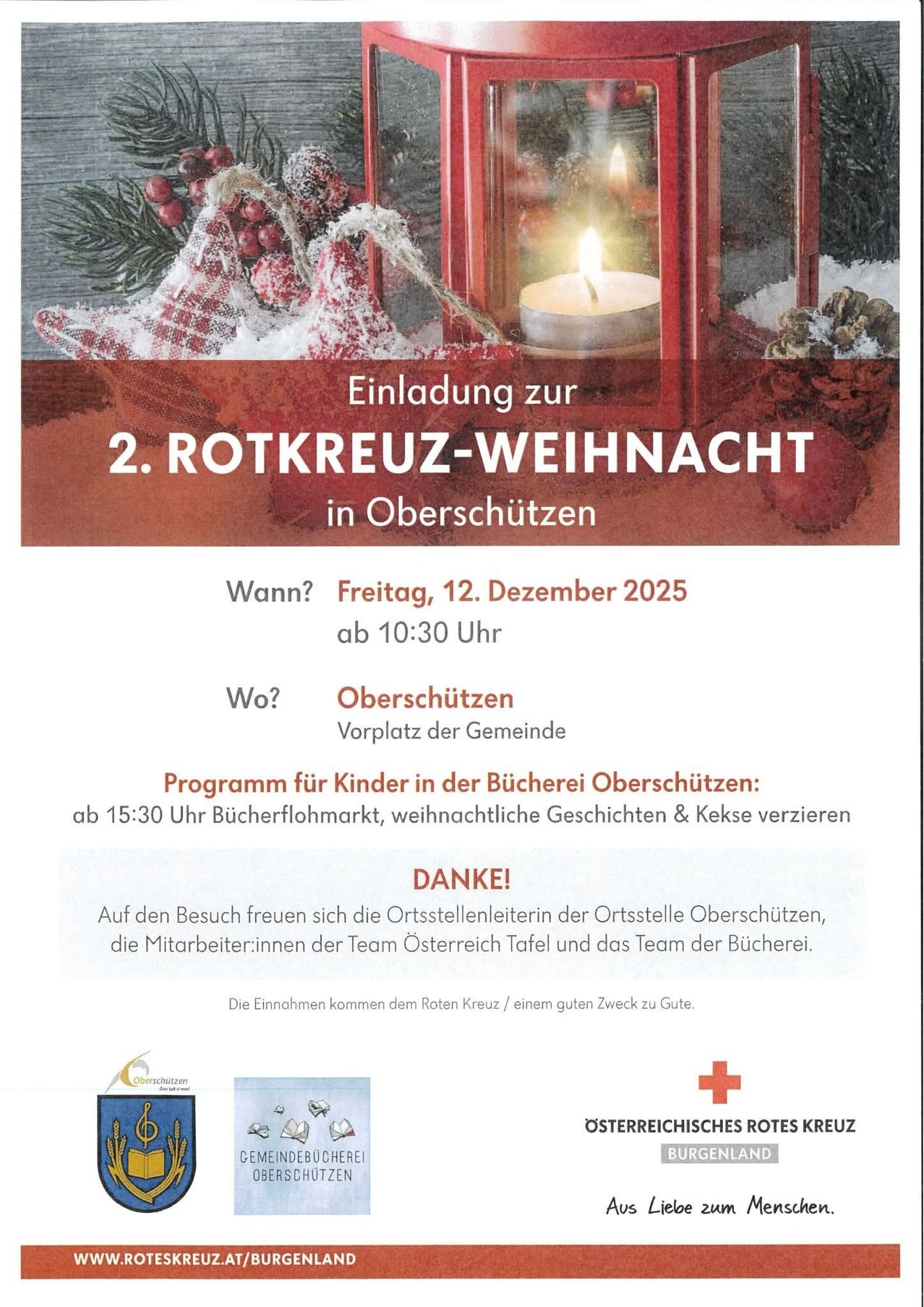 Einladung zur 2. Rotkreuz-Weihnacht in Oberschützen. Wann: Freitag, 12. Dezember 2025 ab 10:30 Uhr. Wo: Oberschützen, Gemeindeplatz. Programm für Kinder mit Büchermarkt, Weihnachtsgeschichten und Keksen.