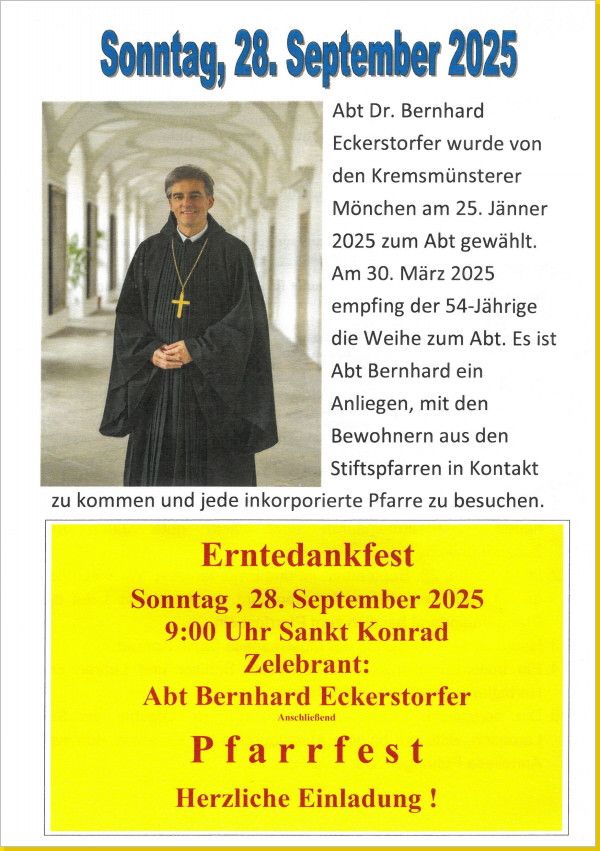 Das Bild zeigt ein Plakat für eine Veranstaltung. Es zeigt einen Priester in einer schwarzen Robe mit Kreuzkette. Der Text erwähnt die Einsetzung des Priesters als Abt.
