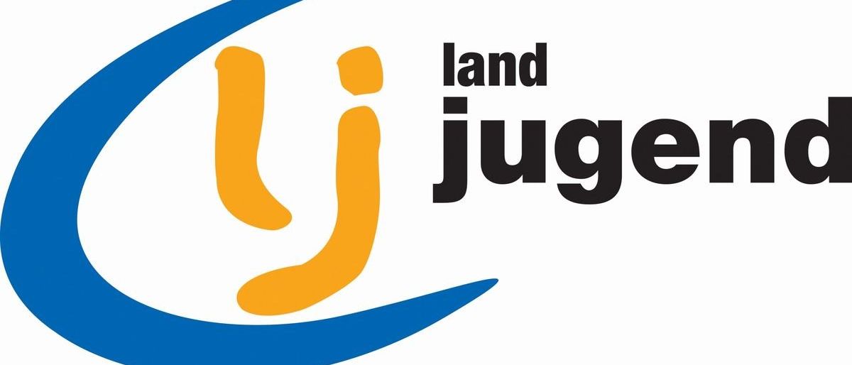 Ein Logo für 'Landluge' mit blauen und gelben Kurven, mit einer stilisierten Person in Gelb.