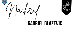 Ein Logo mit einer Kerze, umgeben von einem Band, und dem Wort 'Nachruf' in kursiver Schrift, zusammen mit dem Namen 'Gabriel Blazevic' darunter.