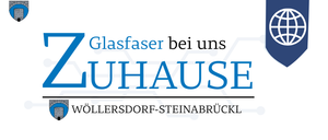 Das Logo für Zuhaus, ein Glasfaserunternehmen, zeigt einen blauen Globus und den Text 'Glasfaser bei uns'. Gelegen in Wollersdorf-Steinabrückl.