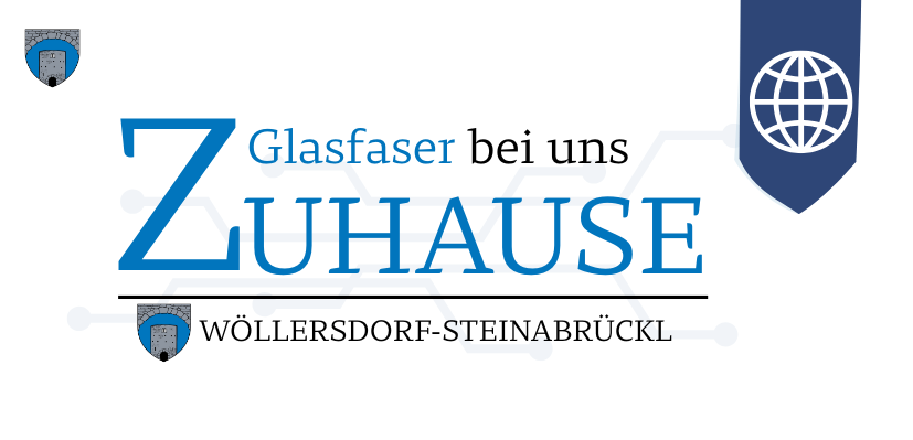 Das Logo für Zuhaus, ein Glasfaserunternehmen, zeigt einen blauen Globus und den Text 'Glasfaser bei uns'. Gelegen in Wollersdorf-Steinabrückl.