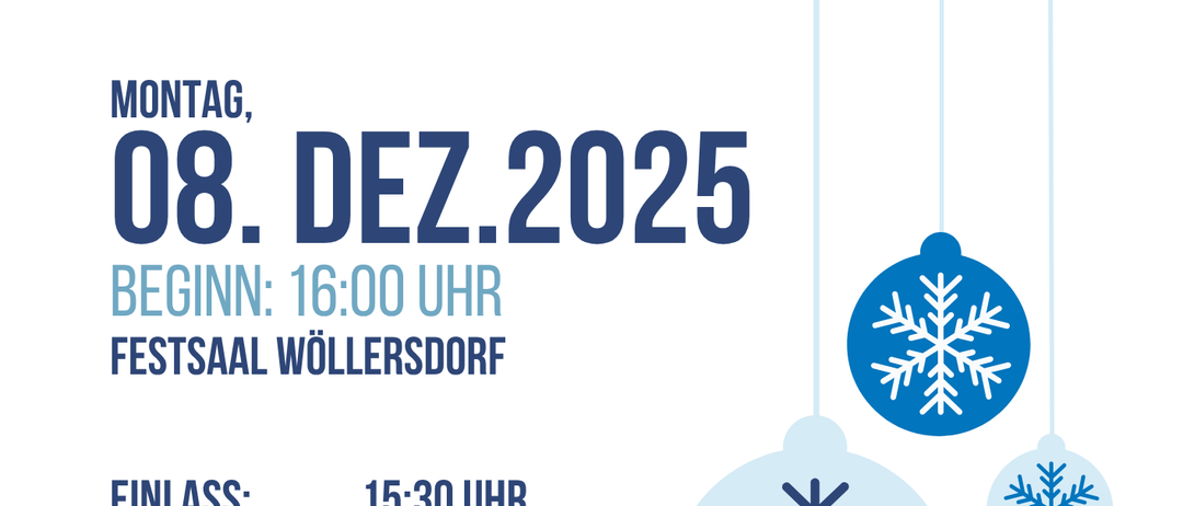 Ein Veranstaltungsposter für einen Weihnachtslieder-Konzert am 8. Dezember 2025, Beginn um 16:00 Uhr in Wöllersdorf. Eintritt um 15:30 Uhr. Vorverkauf 18 Euro, Tageskasse 22 Euro. Musikalisch interpretiert von Michael Jedlicka & Friends.