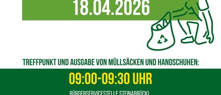 Plakat für eine Gemeinschaftsaktion zur Reinigung am 18. April 2026. Treffpunkt und Müllentsorgung von 09:00 bis 09:30 Uhr an den Tankstellen Steinabruckl und Wollersdorf.