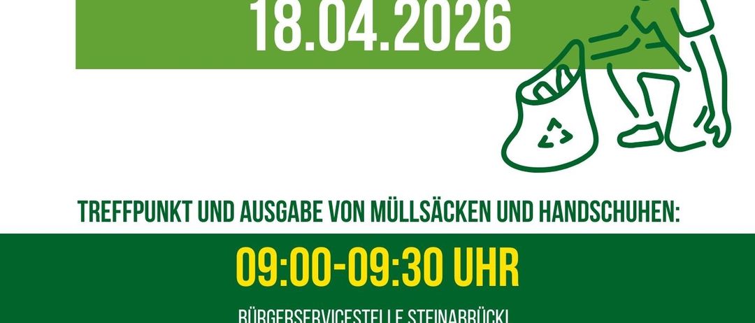 Plakat für eine Gemeinschaftsaktion zur Reinigung am 18. April 2026. Treffpunkt und Müllentsorgung von 09:00 bis 09:30 Uhr an den Tankstellen Steinabruckl und Wollersdorf.