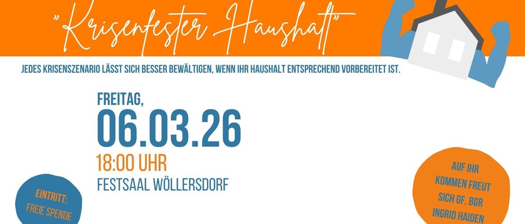 Plakat für die Hausreinigungsveranstaltung am 6. März 2026 um 10:00 Uhr in Wollersdorf. Es ermutigt zur Teilnahme und Vorbereitung.