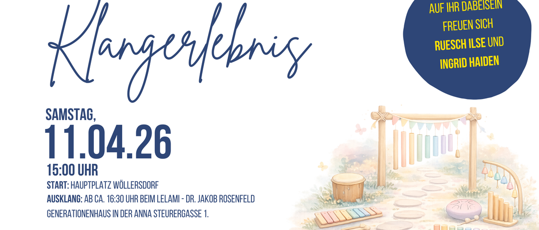 Plakat für die 3. Sitzung einer musikalischen Veranstaltung am 26. April in Vollersdorf. Es zeigt eine musikalische Umgebung mit Instrumenten.