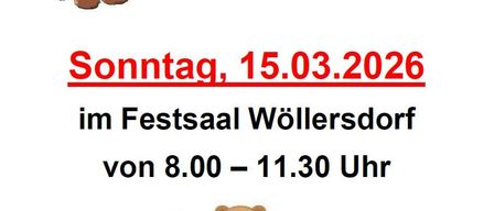 Poster for Kindersachen Bazaar on Sunday, March 15, 2026, from 8:00 AM to 11:30 AM in Woellersdorf Hall. Features toys and a bear.