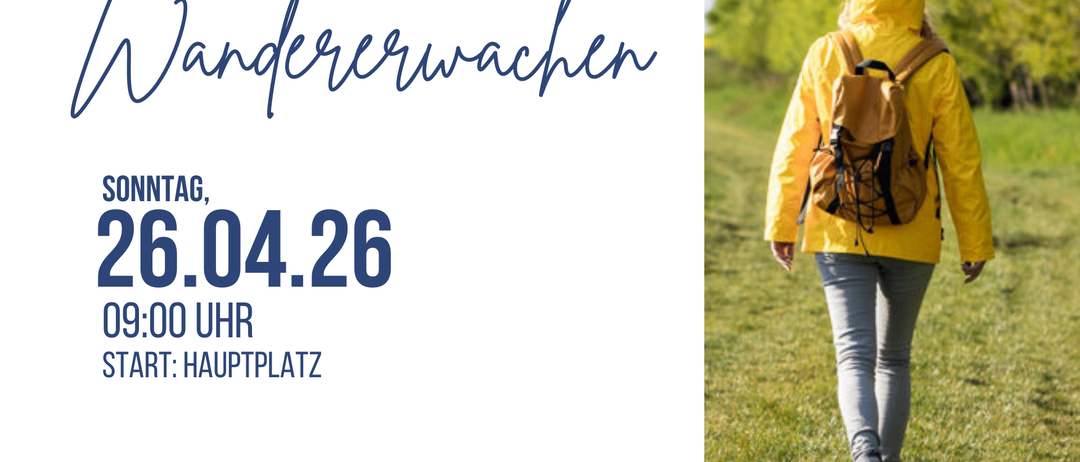Ein Poster zeigt das Datum 26. April und das Wort 'erwachen'. Eine Frau in einer gelben Jacke läuft auf einem Grasfeld.