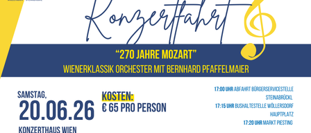 Konzertankündigung zum 270. Geburtstag von Mozart vom Wiener Klassikorchester. Zeit: 17:00 Uhr. Kosten: 65 Euro. Anmeldung bis 31. Mai möglich.