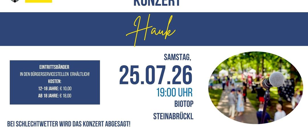 Ein Plakat für ein Konzert von Hank am 25.07.26 um 19:00 Uhr im Biotop Steinabrückl. Es zeigt eine Menschenmenge, die auf einem Bürgersteig läuft.