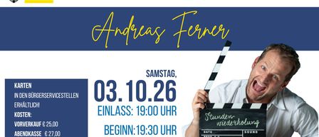 Poster for Andreas Ferner event on October 3, 2026. Admission at 19:00, event starts at 19:30. Location: Festsaal Wollersdorf.
