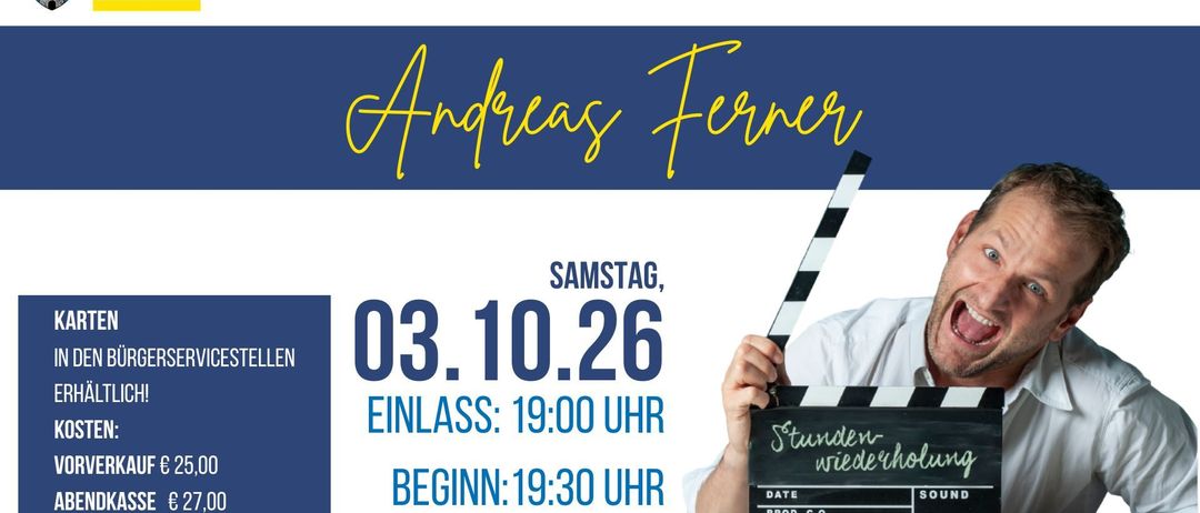 Plakat für Andreas Ferner Veranstaltung am 3. Oktober 2026. Einlass um 19:00, Beginn um 19:30. Ort: Festsaal Wollersdorf.