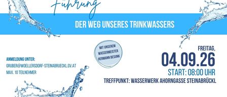 Plakat für eine Führung durch das Wasserversorgungssystem. Es zeigt einen Wassertropfen, einen Treffpunkt am Ahornga Wasserwerk und eine blau-weiße Farbgebung.