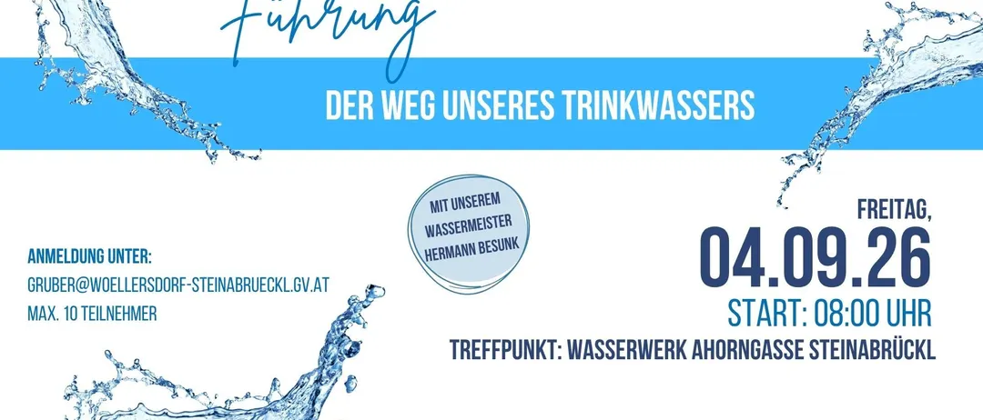 Plakat für eine Führung durch das Wasserversorgungssystem. Es zeigt einen Wassertropfen, einen Treffpunkt am Ahornga Wasserwerk und eine blau-weiße Farbgebung.
