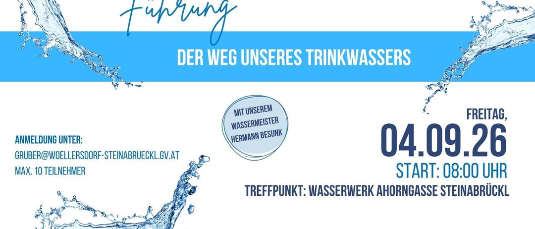 Plakat für eine Führung durch das Wasserversorgungssystem. Es zeigt einen Wassertropfen, einen Treffpunkt am Ahornga Wasserwerk und eine blau-weiße Farbgebung.