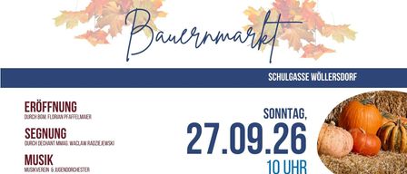 Plakat für einen Bauernmarkt auf der Schulgasse am Sonntag, 27.09.2026, ab 10 Uhr. Das Plakat zeigt Herbstblätter und den Namen 'Bauernmarkt' in kursiver Schrift.