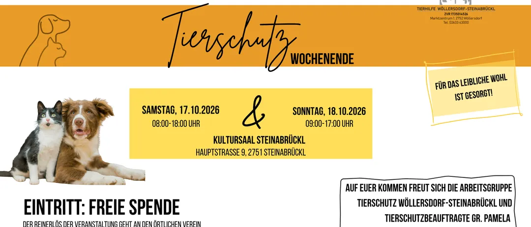 Plakat für Tierschutzwochenende-Veranstaltung mit Datum, Uhrzeiten und Ort. Spendeninformationen sind ebenfalls enthalten.
