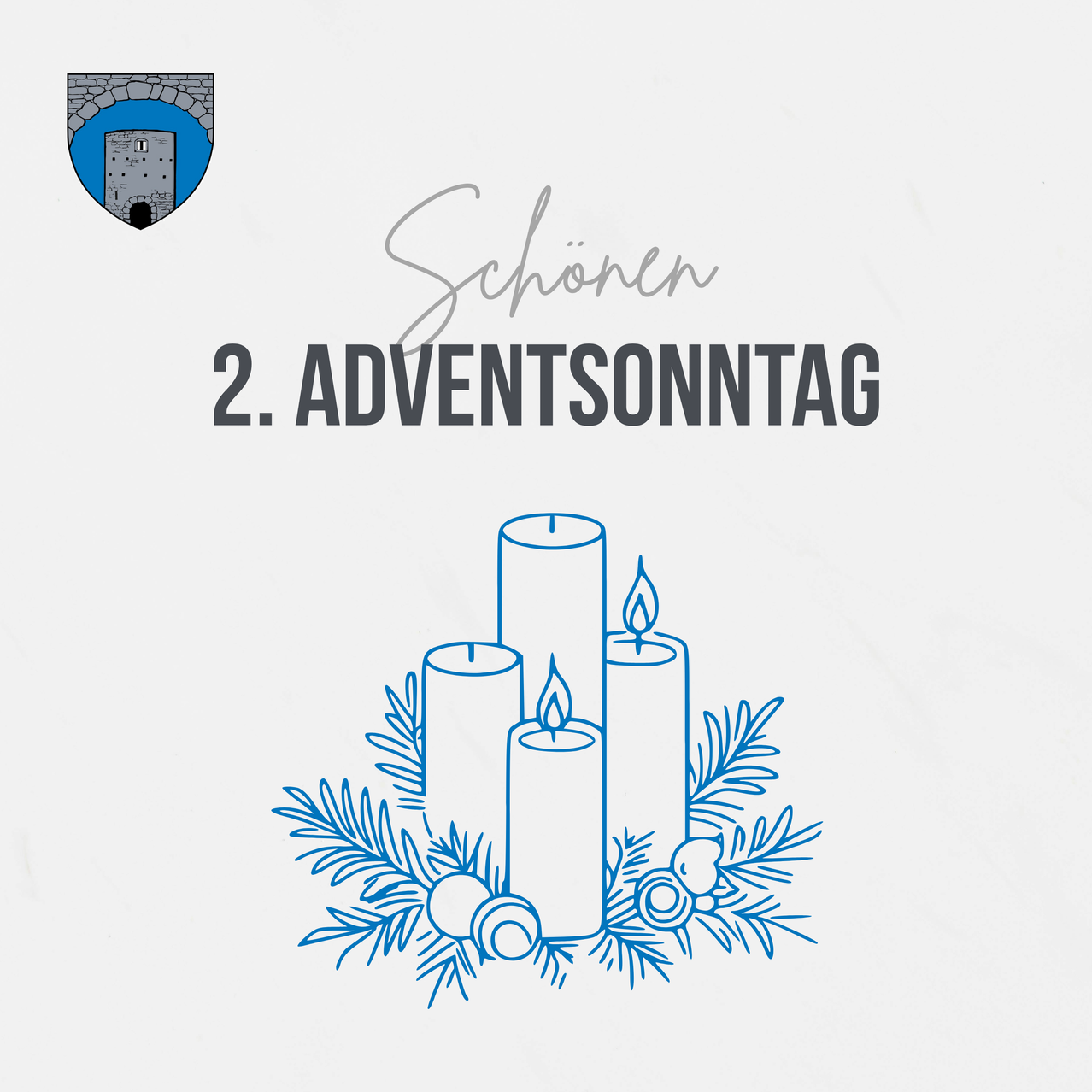 Eine Illustration mit einem Turmlogo und 'Schönen 2. Adventssonntag' mit drei Kerzen, umgeben von Tannenzweigen und Beeren.