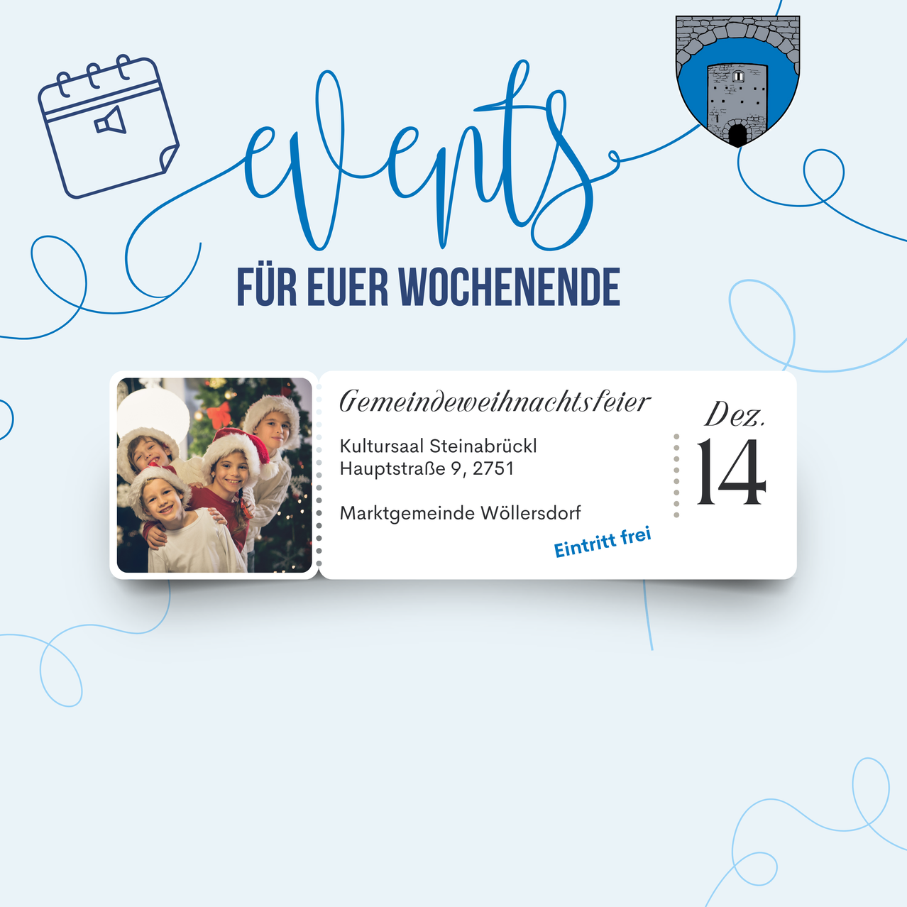 Ein Bild für die Gemeindeweihnachtsfeier am 14. Dezember im Kultursaal Steinabrückl, Hauptstraße 9, 2751 Marktgemeinde Wöllersdorf. Der Eintritt ist frei.