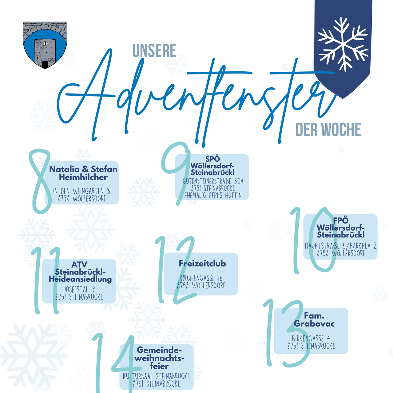 Eine Werbung für Adventfenster mit verschiedenen Veranstaltungen, Orten und Terminen in Wollersdorf, Steinabruckl und anderen Orten. Veranstaltungen umfassen einen Wintermarkt, ein Gemeindefest und andere. Adressen und Kontaktinformationen sind angegeben.